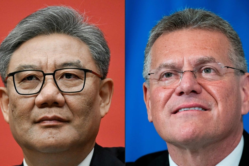 China’s Commerce Minister Wang Wentao, left, and EU trade chief Maros Sefcovic, who held talks in Brussels as Beijing and the bloc sought to ease escalating trade tensions. Photos: AFP