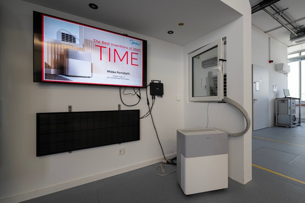 A Midea PortaSplit air conditioner is pictured at Midea’s German R&D Centre on Tuesday. Photo: Xinhua