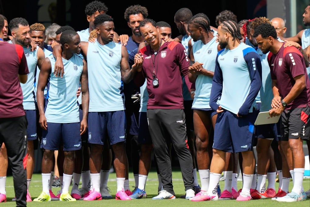 Cape Verde head coach Bubista (centre) talks with his players during a training session ahead of the Argentina match. Photo: AP
