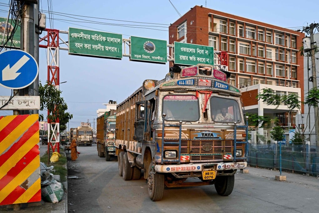 Indian cargo trucks wait in a queue as they return to India after unloading goods at the Bhomra Land Customs Station in Satkhira along the Bangladesh-India border, in June. Photo: AFP