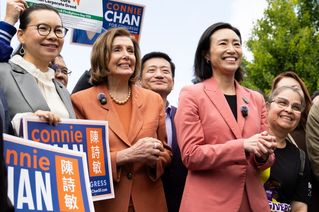 Retiring US Representative Nancy Pelosi (second left) and San Francisco Supervisor Connie Chan at a “Get Out the Vote” rally in May. Photo: Getty Images