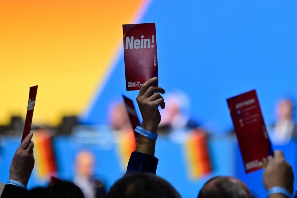 Delegates hold up ‘No’ voting cards on Sunday, the second day of the party congress of far-right Alternative for Germany (AfD). Photo: AFP