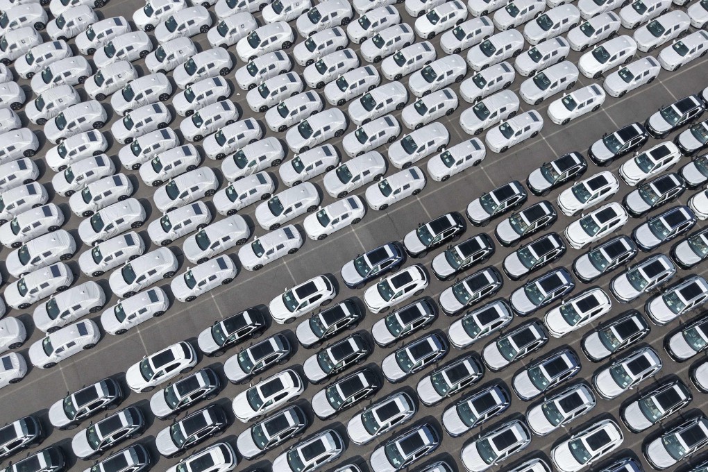 An aerial view of new electric vehicles at Shanghai Port on May 9. Photo: AFP