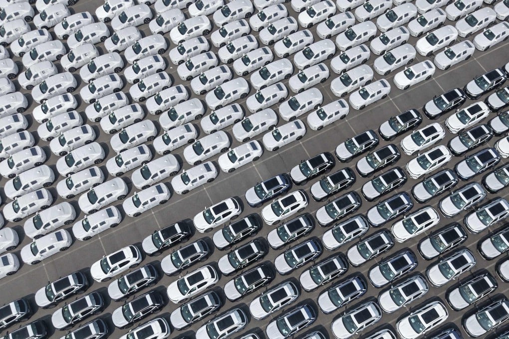 An aerial view of new electric vehicles at Shanghai Port on May 9. Photo: AFP