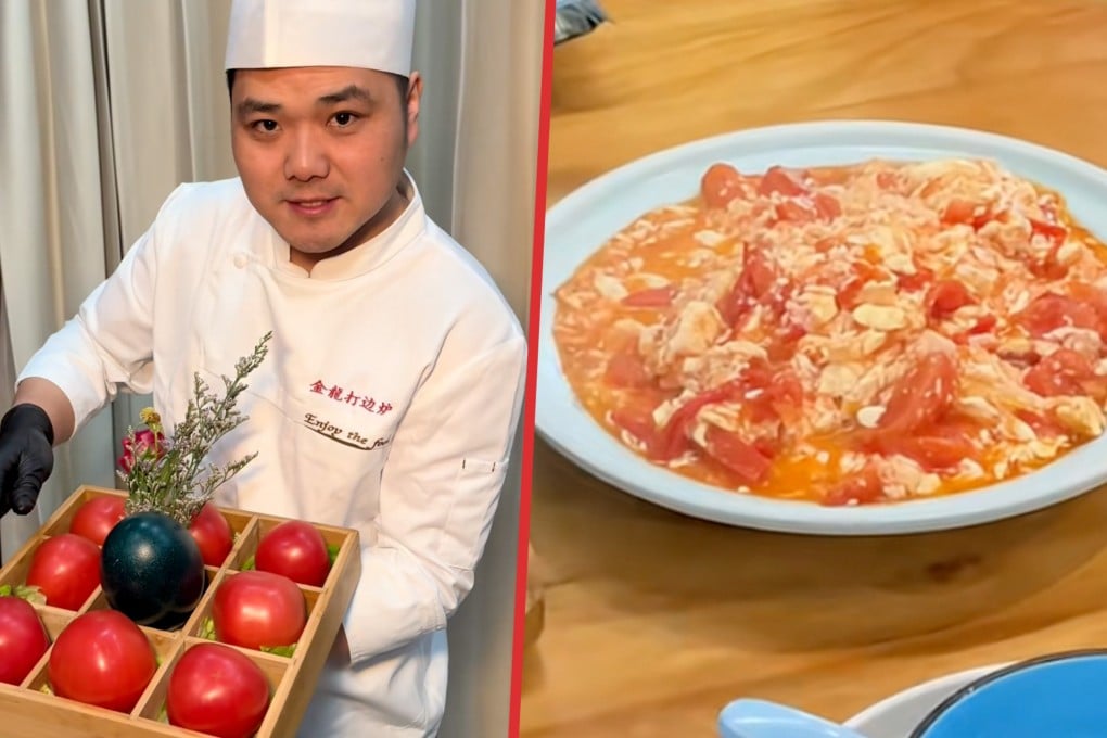 A Shanghai establishment sparked online controversy by pricing a standard household dish of tomato scrambled eggs at US$75. Photo: SCMP composite/Douyin