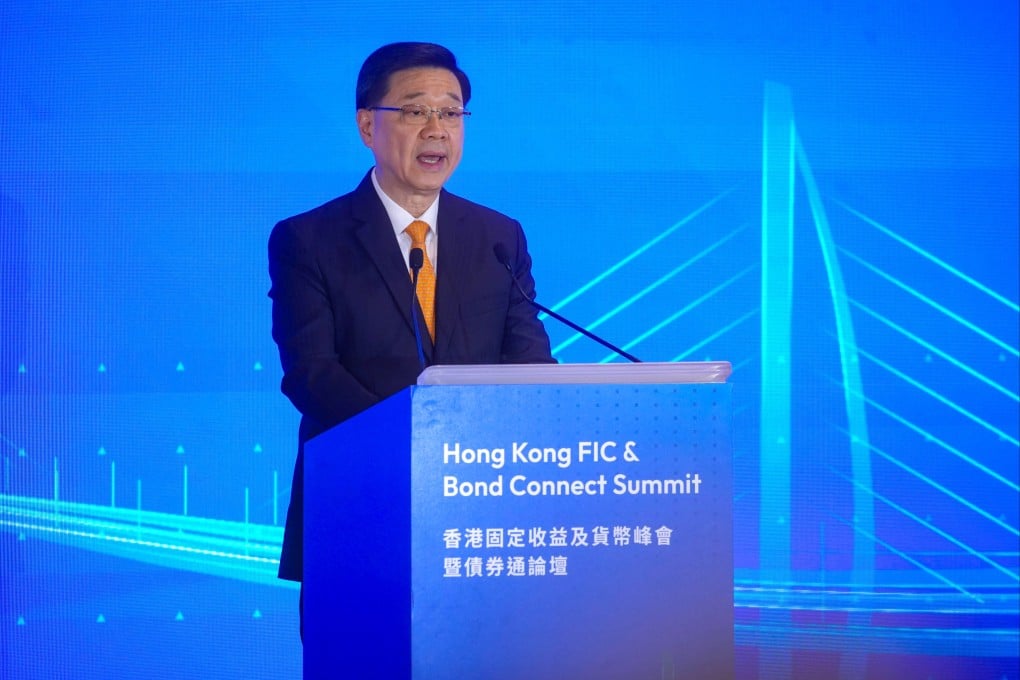 Hong Kong Chief Executive John Lee delivers a speech at the Hong Kong FIC & Bond Connect Summit at the JW Marriott Hotel Hong Kong in Admiralty on Tuesday. Photo: Sun Yeung