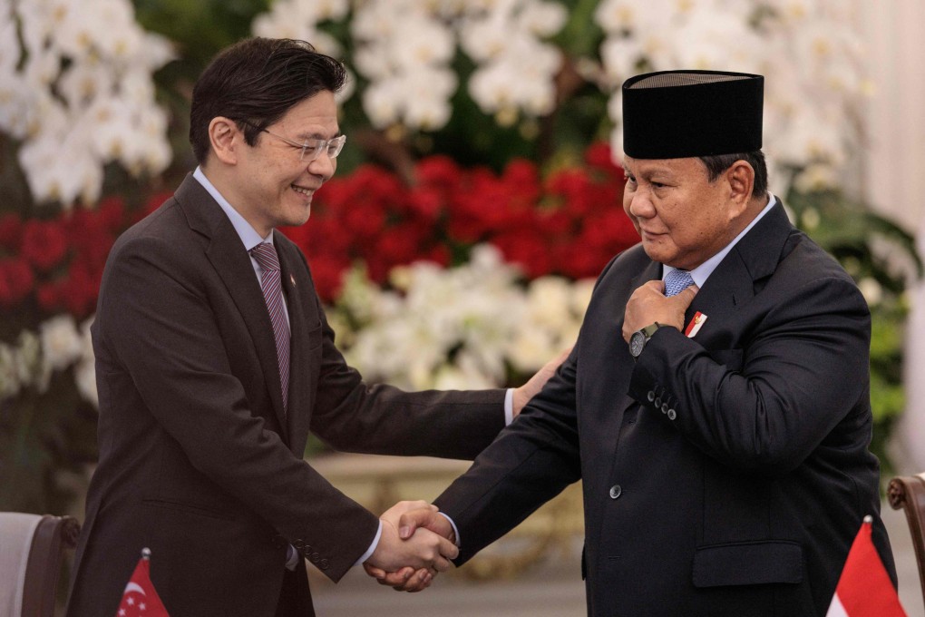 Singapore’s Prime Minister Lawrence Wong (left) with Indonesia’s President Prabowo Subianto at the Merdeka Palace in Jakarta on Monday. Photo: AFP