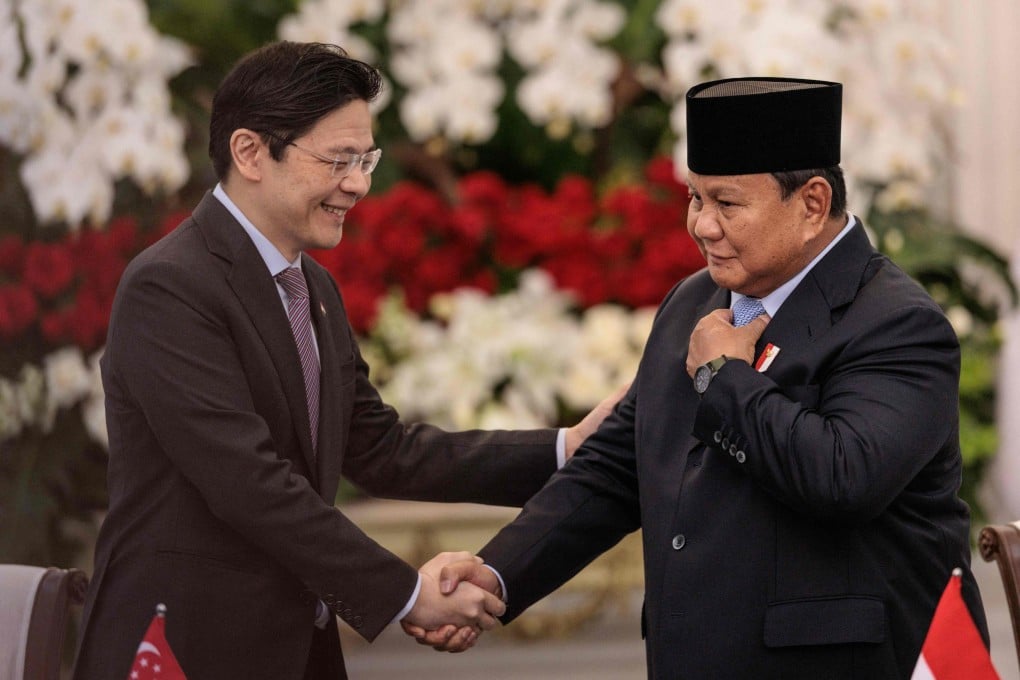 Singapore’s Prime Minister Lawrence Wong (left) with Indonesia’s President Prabowo Subianto at the Merdeka Palace in Jakarta on Monday. Photo: AFP