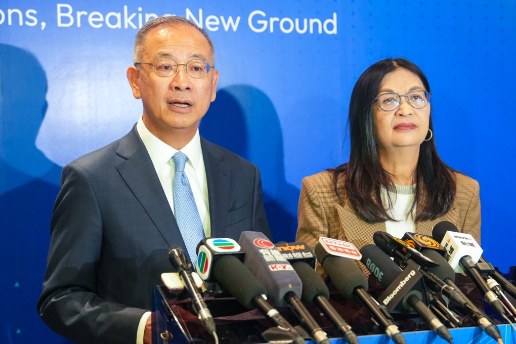 HKMA chief executive Eddie Yue and SFC CEO Julia Leung at a media briefing at the Hong Kong FIC & Bond Connect Summit in Admiralty on Tuesday. Photo: Sun Yeung