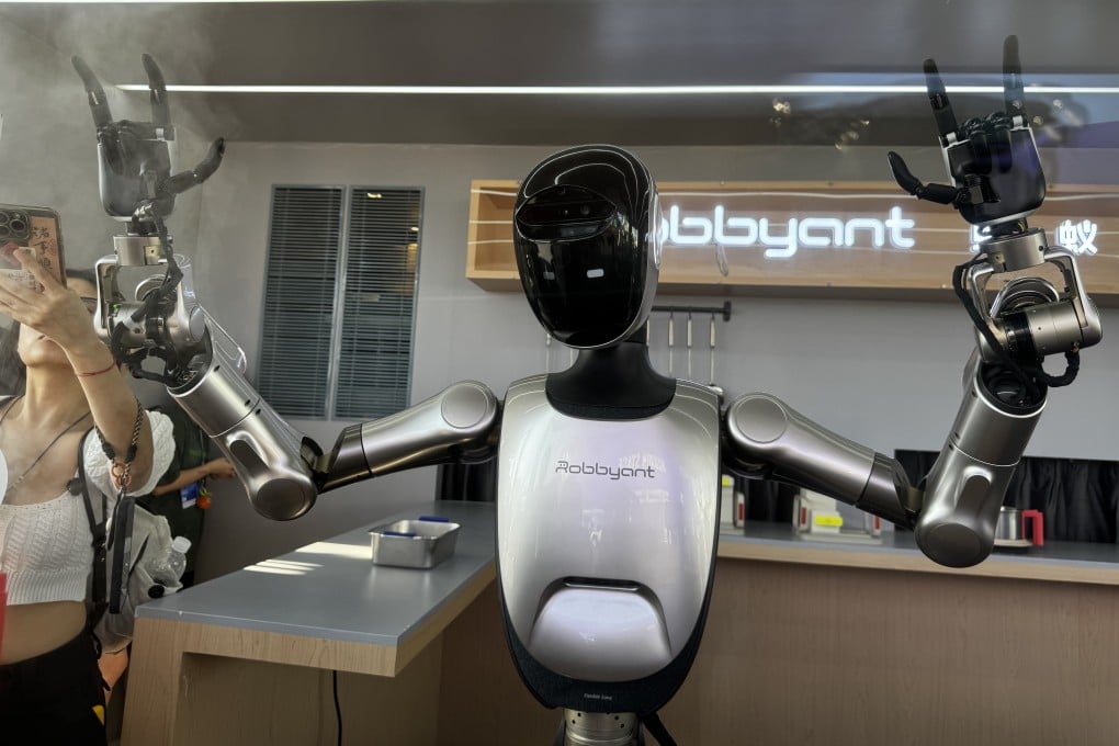 A wheeled humanoid robot developed by Robbyant is unveiled at the company’s booth at the Inclusion Conference on the Bund on September 11, 2025. Photo: Wency Chen