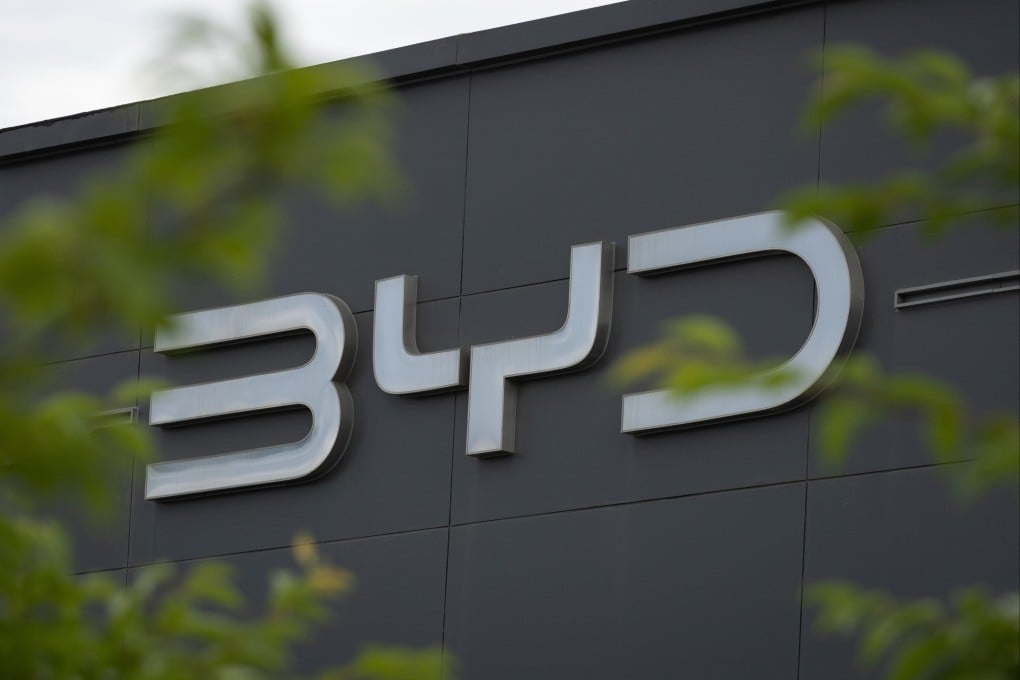 The BYD logo at a dealership in Beijing on June 9. Photo: EPA