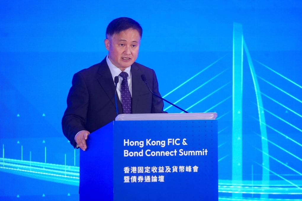Pan Gongsheng, governor of the People’s Bank of China gives a keynote speech at Hong Kong FIC & Bond Connect Summit in Admiralty. Photo: Sun Yueng
