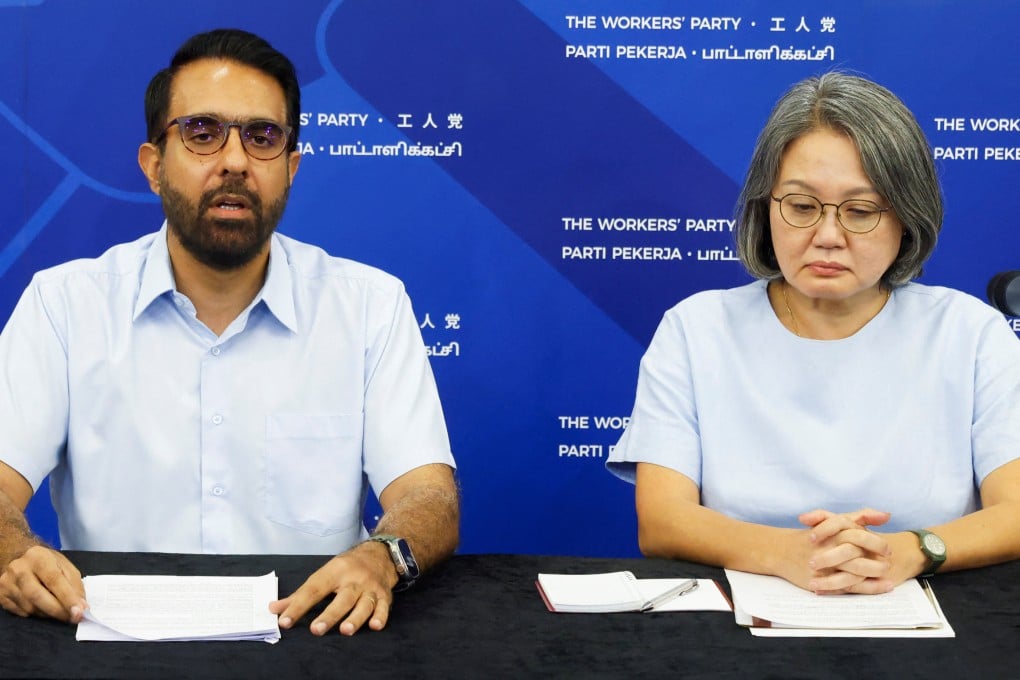 Workers’ Party chairman Sylvia Lim and secretary-general Pritam Singh attend a press conference at their headquarters in Singapore on July 19, 2023. Photo: Reuters