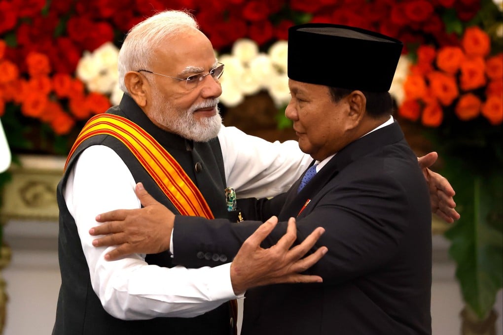 India’s Prime Minister Narendra Modi (left) greets Indonesia’s President Prabowo Subianto after a joint press conference following their meeting at Merdeka Palace in Jakarta, Indonesia on Tuesday. Photo: EPA