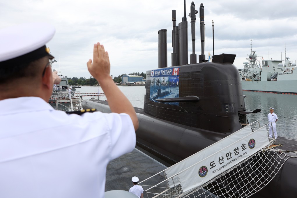 The Royal Canadian navy hosts the South Korean navy’s Dosan Ahn Chang-ho during a welcome ceremony in Esquimalt, British Columbia, on May 25. Photo: The Canadian Press/AP