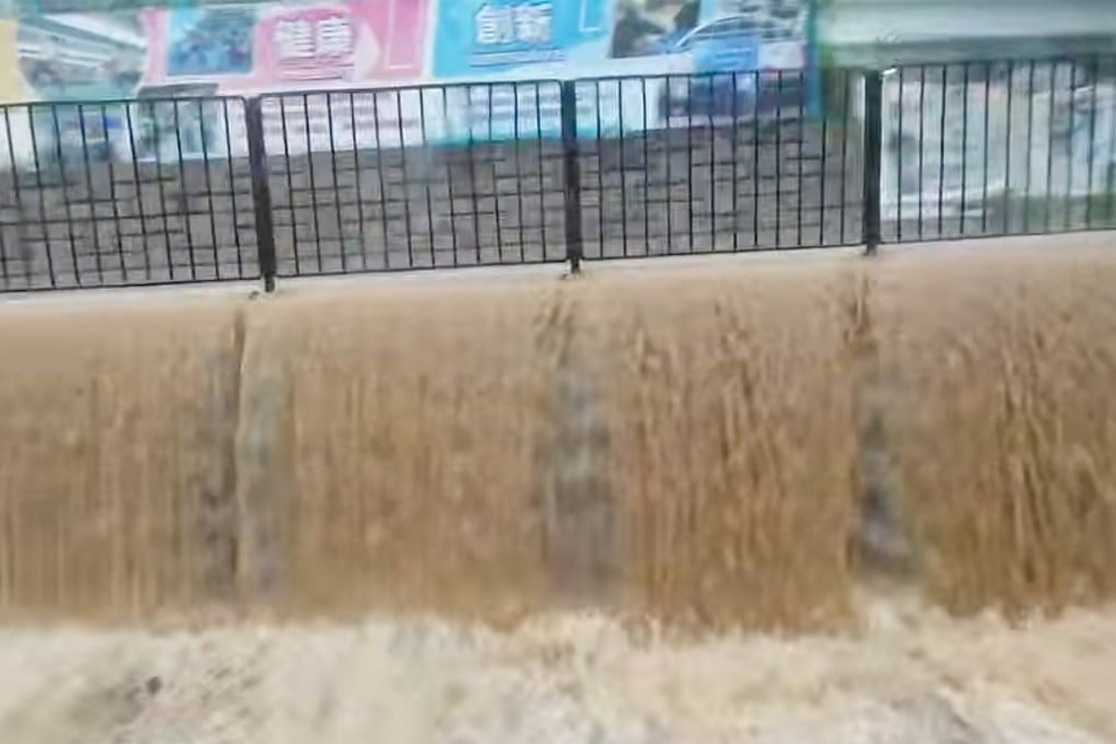 A screenshot of a video on Facebook shows overflowing pavements in Fanling. Photo: Facebook/Josephine Tam
