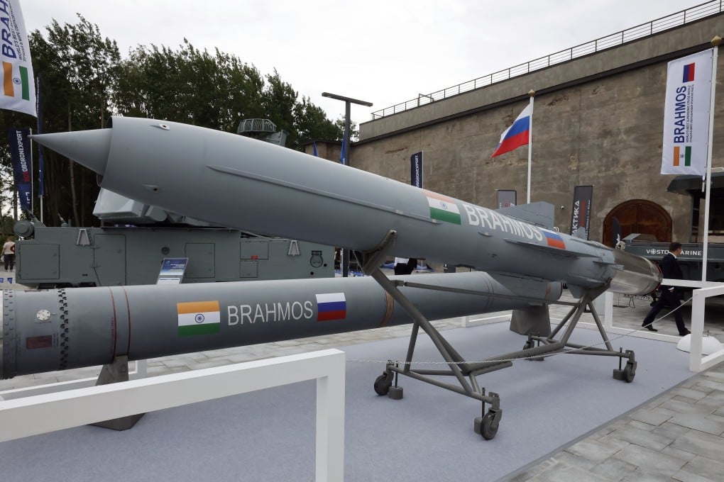 BrahMos cruise missiles jointly developed by India and Russia are displayed at a defence expo in Kronstadt near St. Petersburg, Russia, last month. Photo: EPA