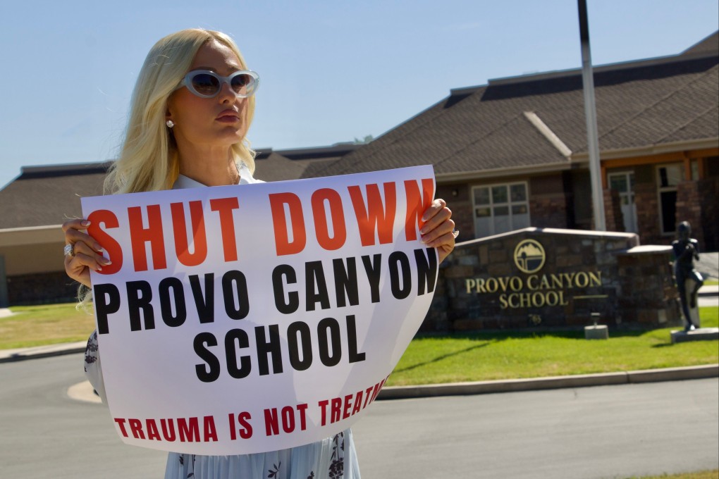 Paris Hilton protests outside Provo Canyon School, where she says she suffered abuse as a teenager, in Springville, Utah on June 15. Photo: AP