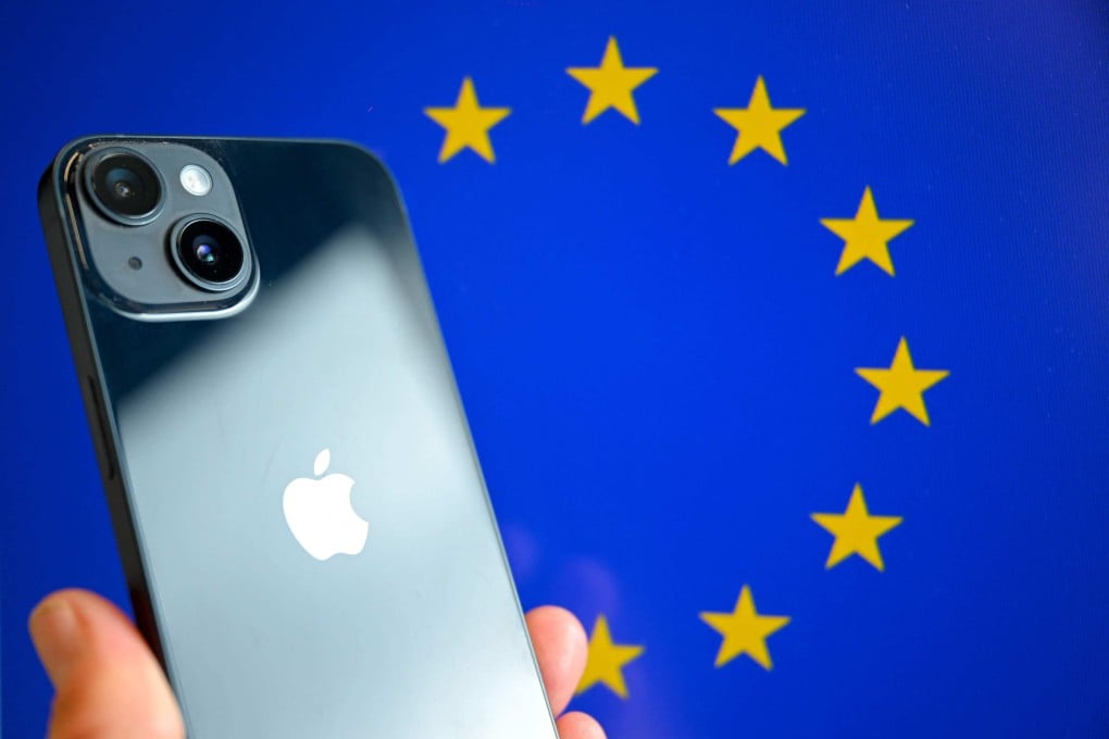 An iPhone and the European Union logo in the background. Apple will be able to appeal on matters of law to the Court of Justice of the European Union, Europe’s highest. Photo: AFP