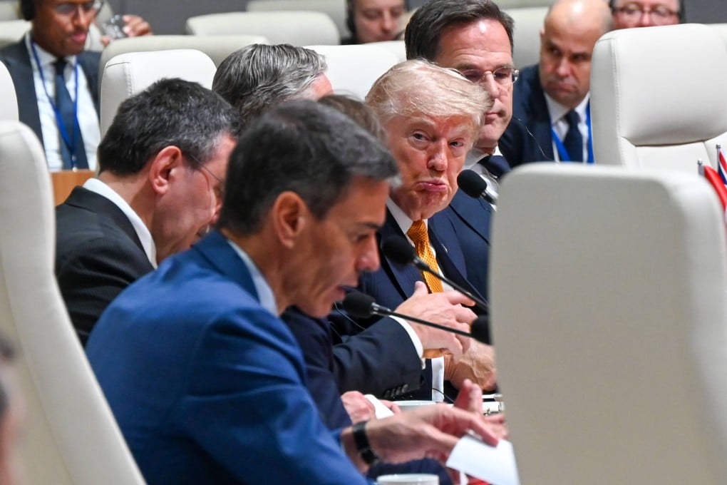 US President Donald Trump (right) looks at Spanish Prime Minister Pedro Sanchez during a working session at the Nato leaders’ meeting in Ankara. Photo: dpa