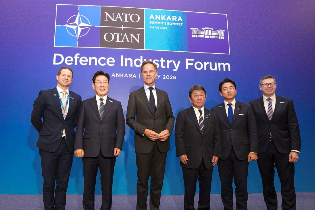 Nato Secretary General Mark Rutte (third left) with representatives from the  Indo-Pacific Four, (from left)  New Zealand Defence Minister Chris Penk, South Korean President Lee Jae Myung, Japanese Foreign Minister Toshimitsu Motegi and Defence Minister Shinjiro Koizumi, and Australia’s defence industry minister, Pat Conroy, in Turkish capital Ankara on Tuesday. Photo: Kyodo