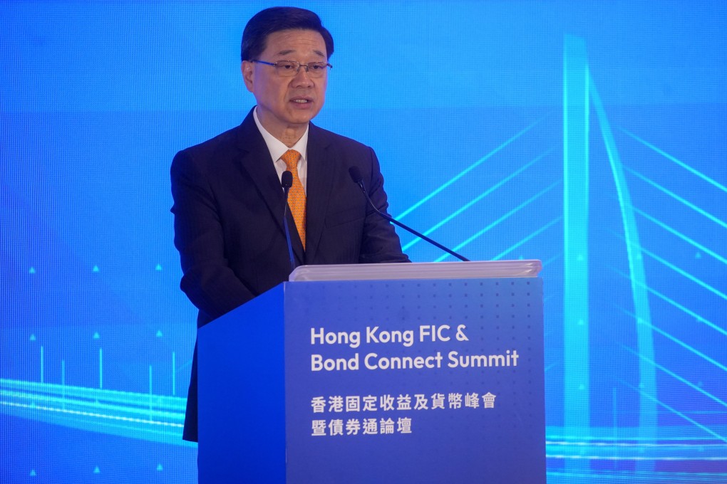 Hong Kong Chief Executive John Lee delivers a speech at the Hong Kong FIC & Bond Connect Summit at the JW Marriott Hotel Hong Kong, in Admiralty, on July 7. Photo: Sun Yeung