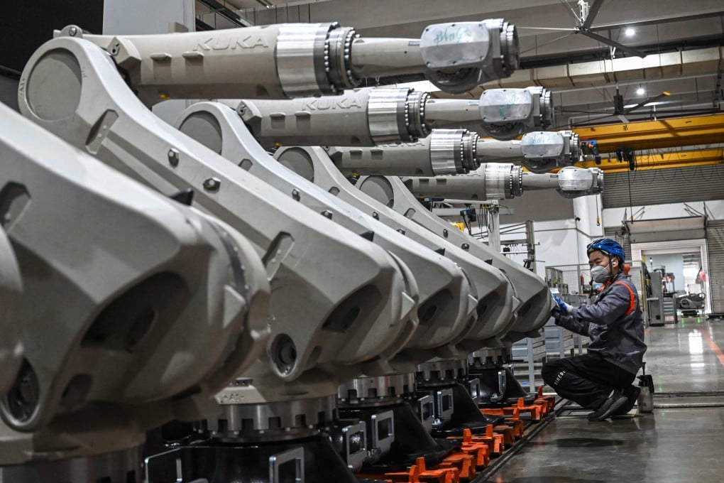 An industrial robot assembly line at a factory in Foshan, Guangdong province, in March. Photo: AFP