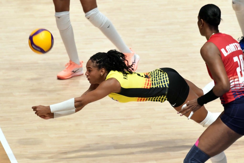 Yaneirys Rodriguez Duran of the Dominican Republic saves the ball during her team’s match against Ukraine at the Women’s Volleyball Nations League in Hong Kong on Friday. Photo: Xinhua