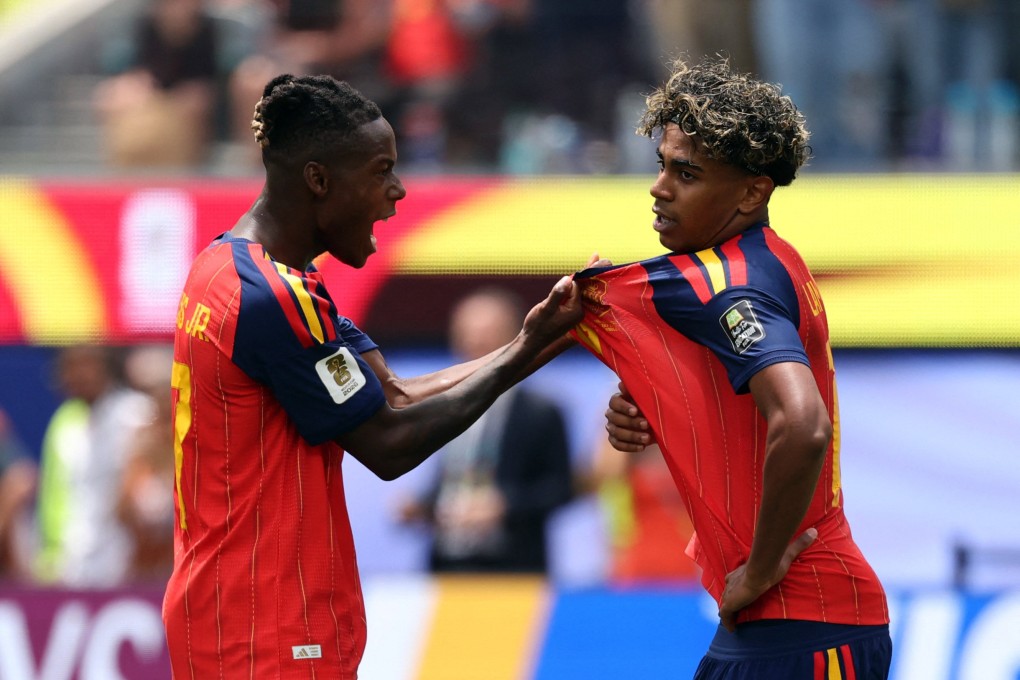 Lamine Yamal (right) celebrates with Nico Williams following Spain’s victory over Belgium. Photo: Reuters