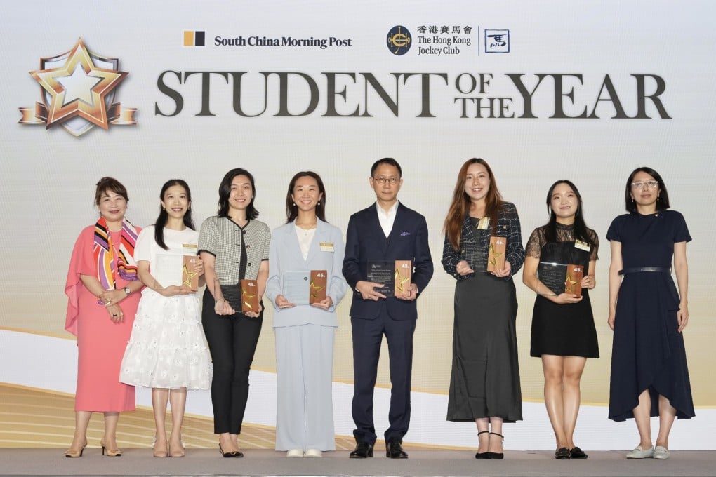 (From left) Past award winners Irene Chan of the Jockey Club, pianist Colleen Lee, Tammy Poon, Jolie Chow, Dr Chan Mui-tong, Vanesse Lai, soloist Elise Liu and SCMP’s Ang Jin at the ceremony. Photo: Karma Lo