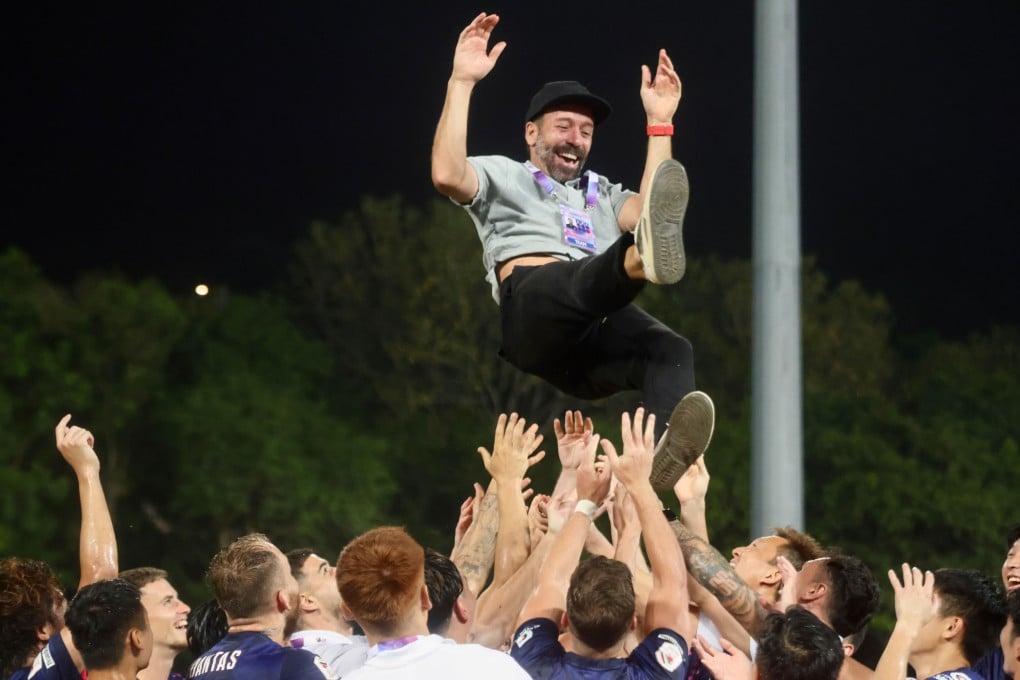 Inigo Calderon is tossed in the air by his players after Kitchee wrapped up the league title last season. Photo: Jonathan Wong