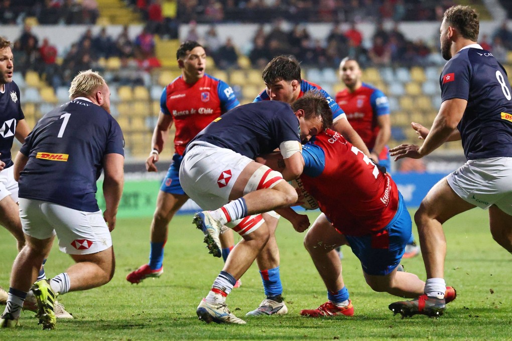 Chile prop Inaki Gurruchaga (right) stops Hong Kong’s Pierce MacKinlay-West in his tracks during the Nations Cup clash in Vina del Mar. Photo: World Rugby