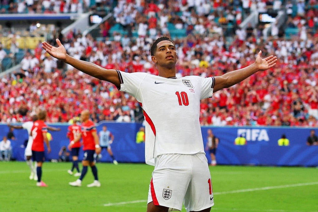 Jude Bellingham strikes a familiar pose after his winning goal for England against Norway. Photo: Reuters