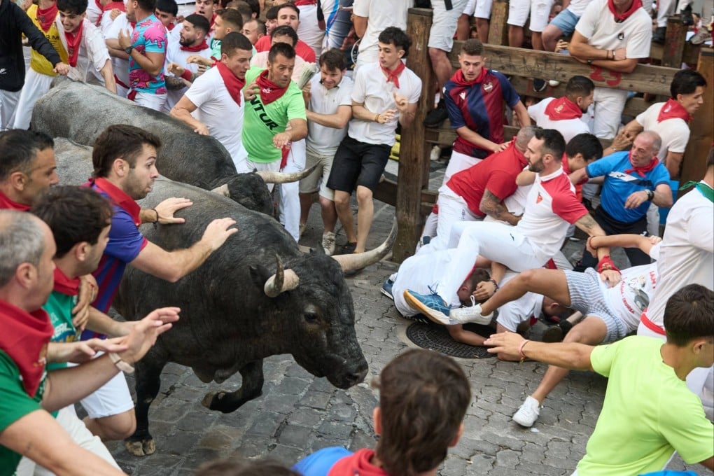 Bulls run through the crowds at the San Fermin Festival on Saturday. Photo: dpa