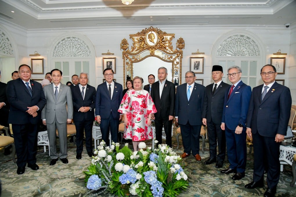 Myanmar’s foreign minister, Tin Maung Swe, (far right) with his Asean counterparts at their informal meeting in Bangkok, Thailand, on Sunday. Photo: Thailand’s Ministry of Foreign Affairs/Reuters