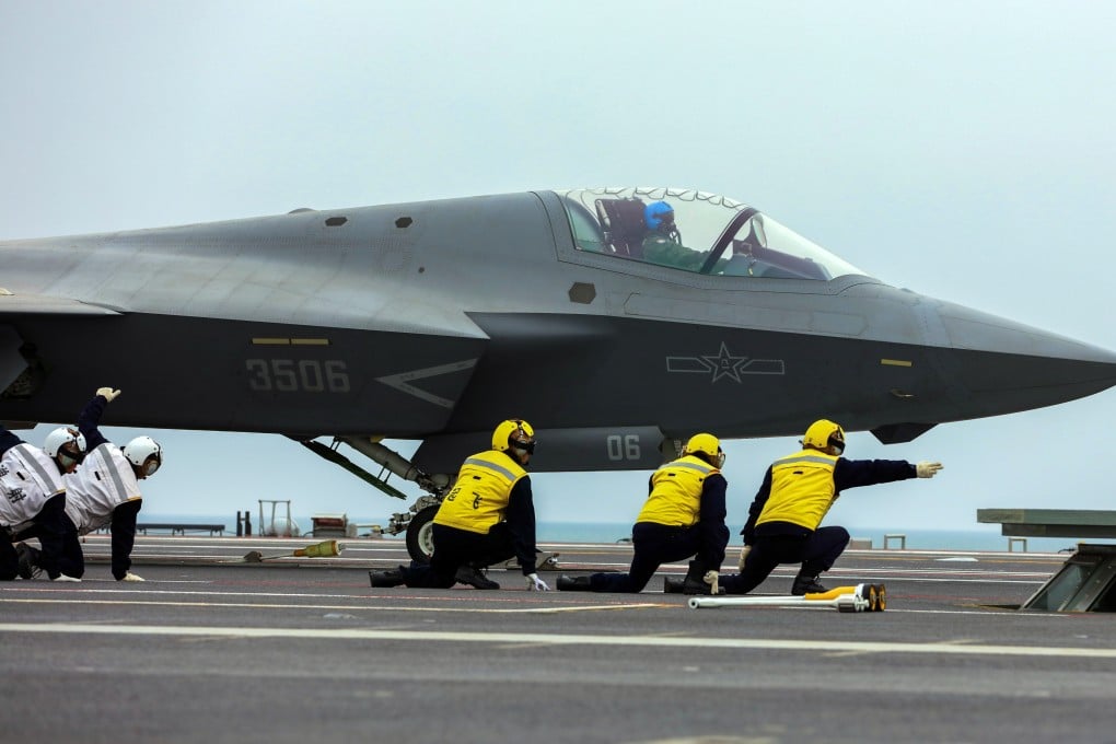 A J-35 prepares for a catapult launch on the deck of the Fujian, China’s most advanced carrier. Photo: Xinhua