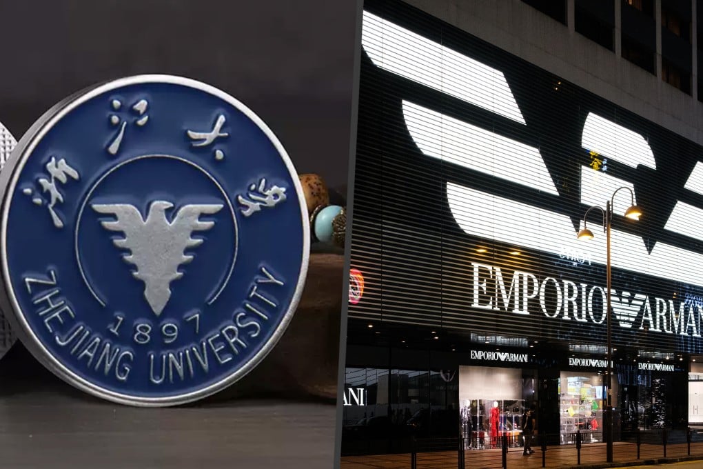 Zhejiang University has officially trademarked its eagle-shaped emblem, leading to online discussions regarding potential conflicts with the luxury brand Armani. Photo: SCMP composite/Shutterstock/Taobao