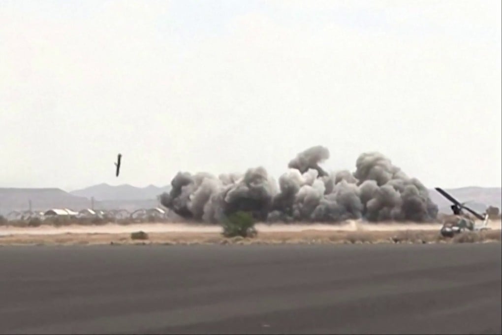 Air strikes hitting Sanaa airport in Yemen on Monday. Photo: Al-Masirah TV via AFP