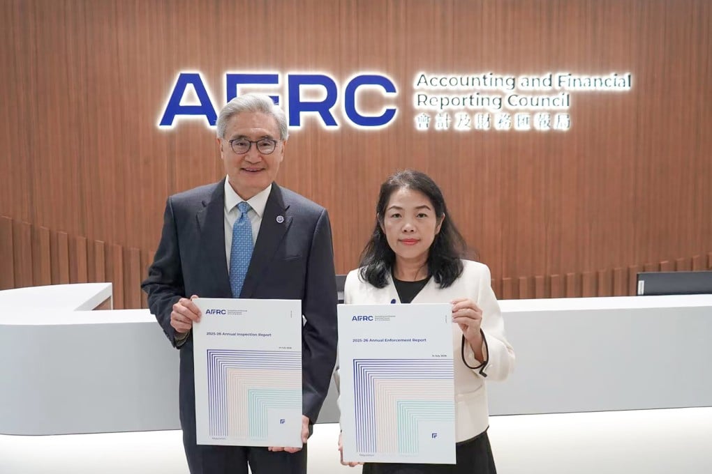 AFRC presents the main findings and insights from its annual inspection and enforcement reports for 2025-26. David Sun Tak-kei (L), chairman of the AFRC, and CEO Janey Lai Chui-pik. Photo: AFRC