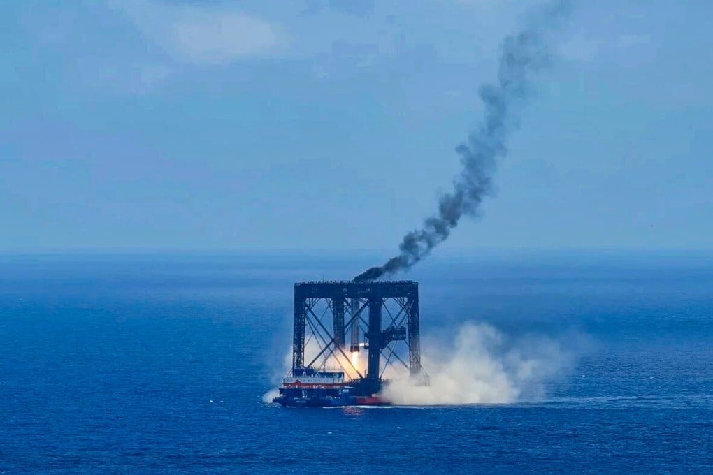 The Long March-10B rocket booster is safely recovered in the South China Sea on Friday. Photo: Xinhua