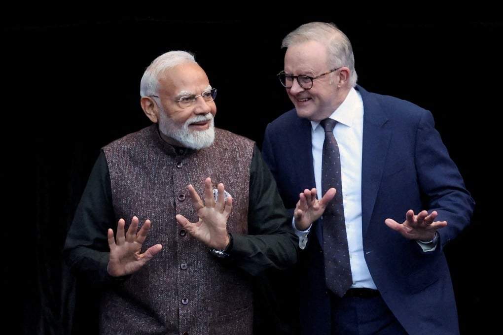 Australian Prime Minister Anthony Albanese (right) and his Indian counterpart Narendra Modi at the Melbourne Cricket Ground in Australia on Friday. Photo: Reuters