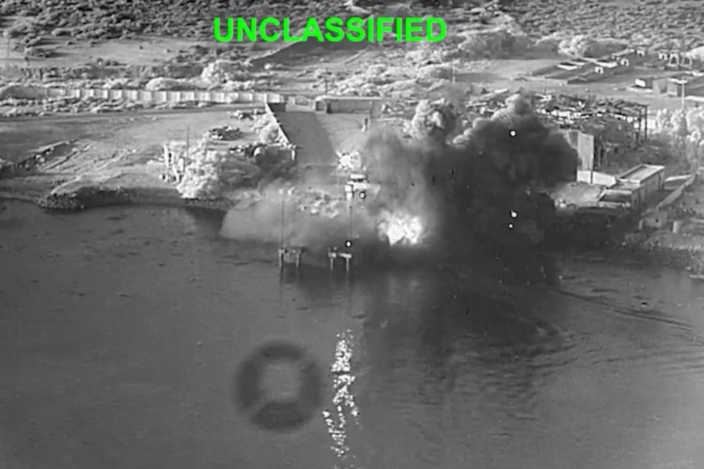 An explosion is seen at Bandar Abbas Naval Base in Iran on Sunday in this image taken from video released by the US military. Photo: US Central Command/AP