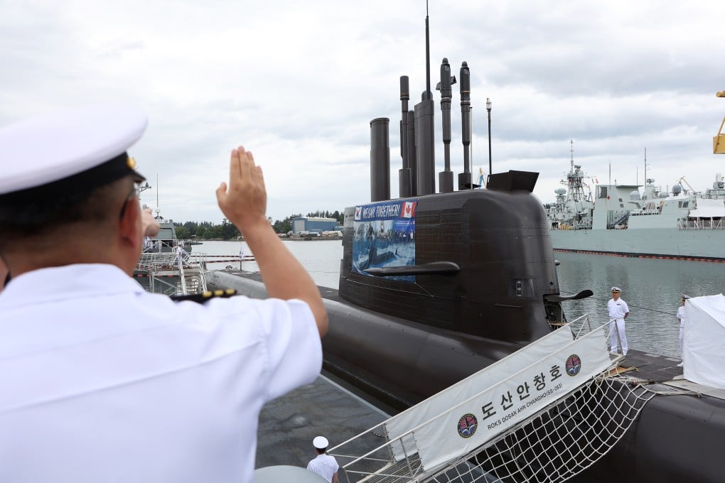 The Royal Canadian navy hosts the South Korean navy’s Dosan Ahn Chang-ho during a welcome ceremony in Esquimalt, British Columbia, on May 25. Photo: The Canadian Press/AP