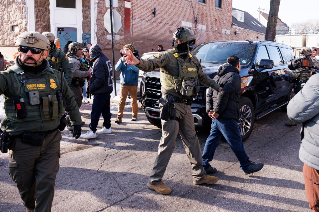 Federal immigration enforcement agents detain an individual Chicago in 2025. A person was killed ⁠on Monday in ⁠a shooting involving US immigration agents in ⁠Maine. Photo: via AP