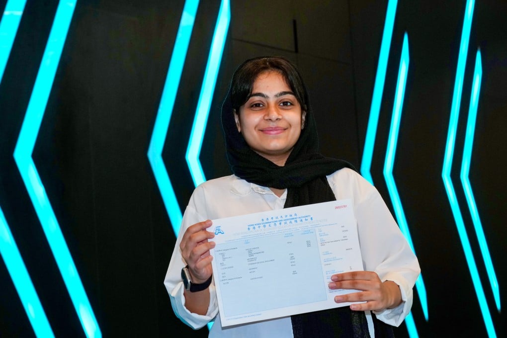 Manaal Khan, a student at Hong Kong Taoist Association The Yuen Yuen Institute No 3 Secondary School, with her DSE results. Photo: Jelly Tse