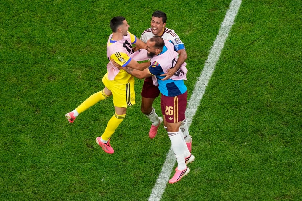 Spain’s Borja Iglesias (right) celebrates with Rodri (centre) and goalkeeper David Raya at he end of the semi-final. Photo: AP