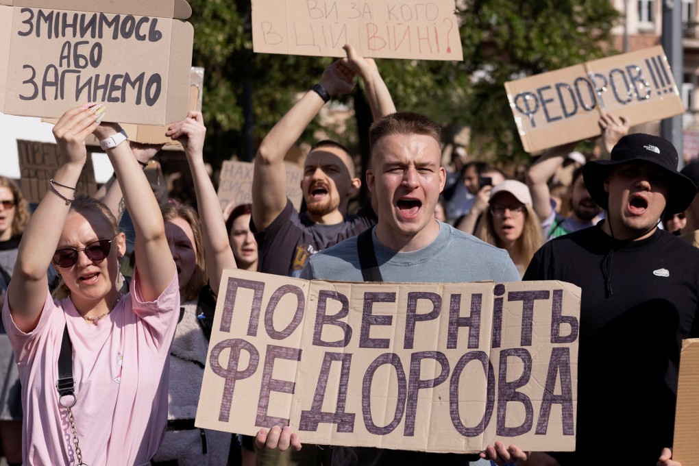 People protest against Ukrainian President Volodymyr Zelensky’s decision to replace Mykhailo Fedorov as defence minister on Thursday. Photo: Reuters