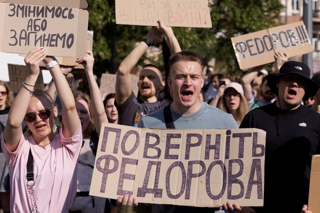 People protest against Ukrainian President Volodymyr Zelensky’s decision to replace Mykhailo Fedorov as defence minister on Thursday. Photo: Reuters
