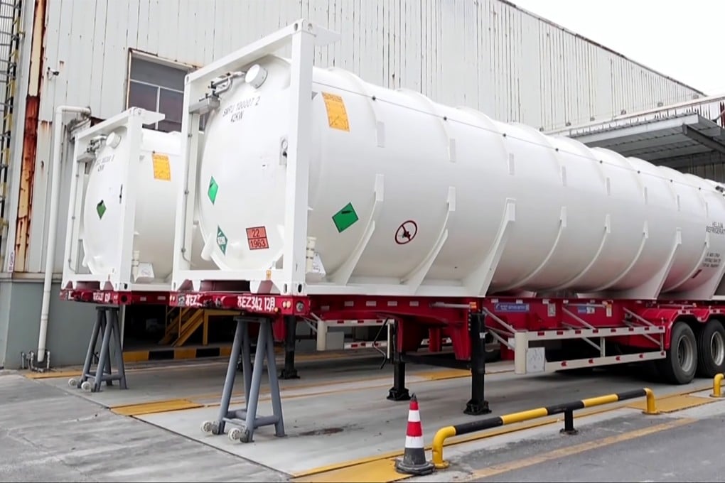 Tanks for transporting helium are seen at a facility in China. Photo: CCTV