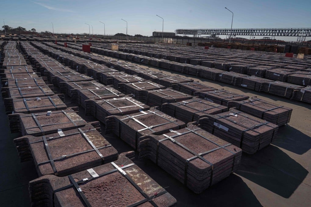 Copper ingots are stacked ready for export at a facility in Kolwezi in the Democratic Republic of the Congo. Photo: AFP